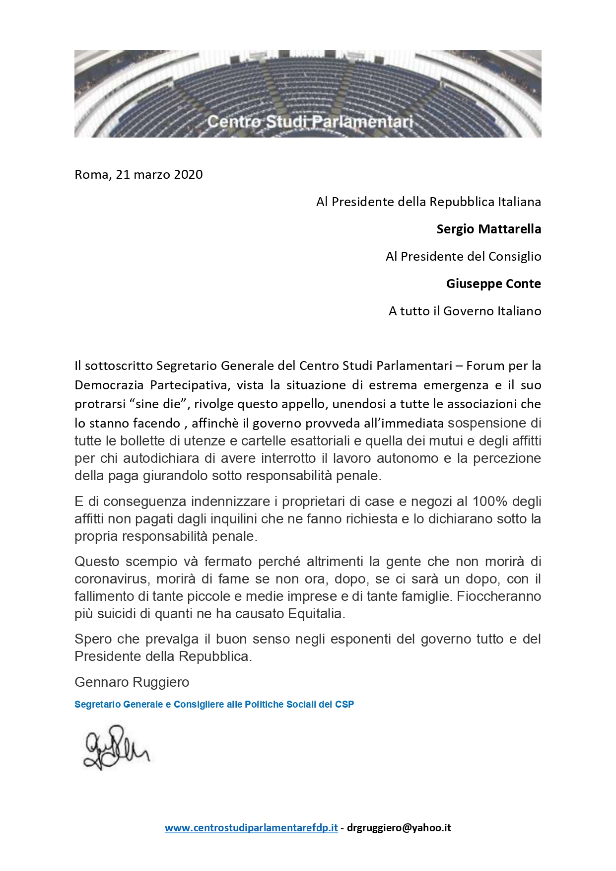 Lettera aperta di Gennaro Ruggiero, al Presidente della Repubblica e a tutto il governo per l'emergenza economica coronavirus.